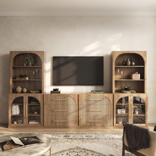 BELLEZE 6-Piece Modular TV Stand Set - 2 Arched Glass Door Sideboards, 2 Sideboards with Drawer, 2 Hutch Cabinets, Classic Modern Media Console Entert