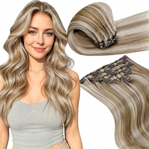 Image of LaaVoo Hair Extensions Clip ins Blonde Highlighted, Real Hair Clip in Extensions for Instant Length, Long Natural Human Hair, Double Weft, 22inch 120g 7pcs