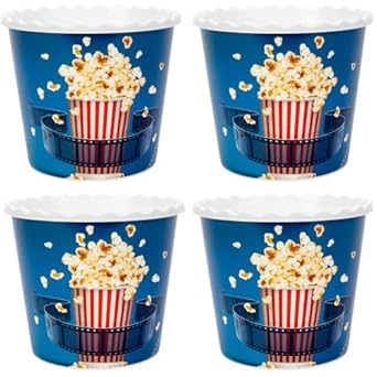 Retro Style Reusable Plastic Popcorn Containers/Popcorn Bowls Set for Movie Theater Night - Washable in The Dishwasher - (BPA Free-4 Pack) (Popcorn Blue Cinema)