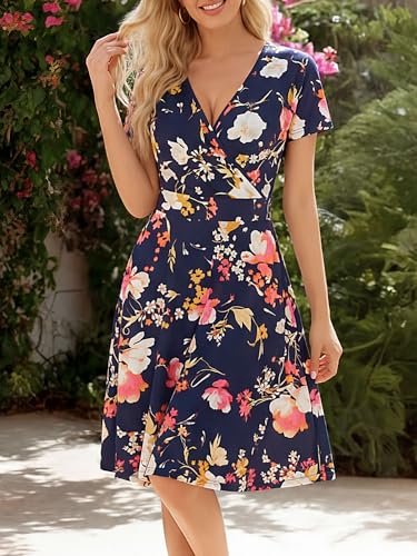 Image of MSBASIC Womens Summer Wrap V Neck Casual Dresses Floral Short Sleeve A-Line Midi Sundress
