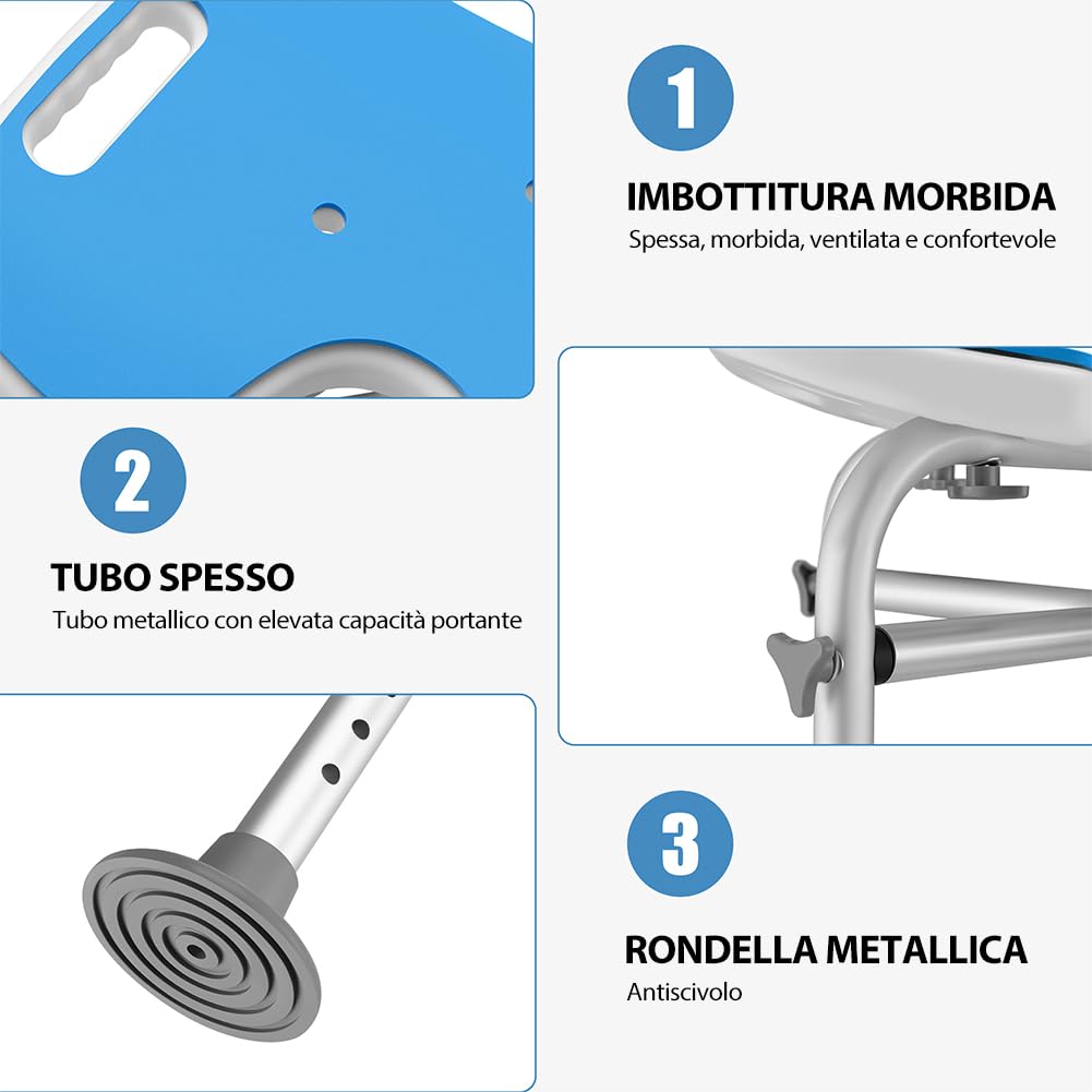 BAKAJI Sgabello da Doccia per Anziani, Disabili e Persone con Mobilità Ridotta, Sedile Ergonomico e Struttura in Alluminio Peso Max. 130kg, Sedia da Basca con Fori di Drenaggio e Altezza Regolabile