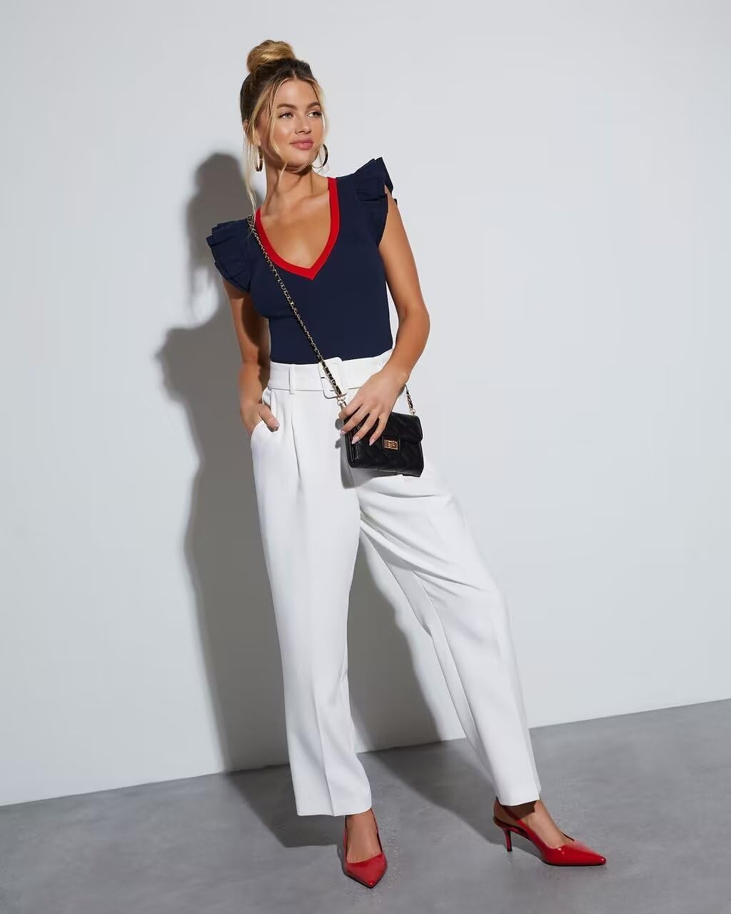 INFITTY Women's V Neck T Shirts Ruffle Sleeve Tops Dressy Sexy Sleeveless Slim Fitted Ribbed Tank Top Summer 2026 - Image 3