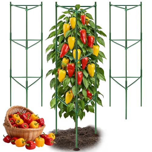 3 Pack Pepper Cages for Garden, 48" Adjustable 1–3 Tier Pepper Plant Support, Heavy Duty Steel Pepper Cage, Rust-Resistant Triangle Frame for Grow Bags, Patio & Raised Beds, Tomato Cage Alternative