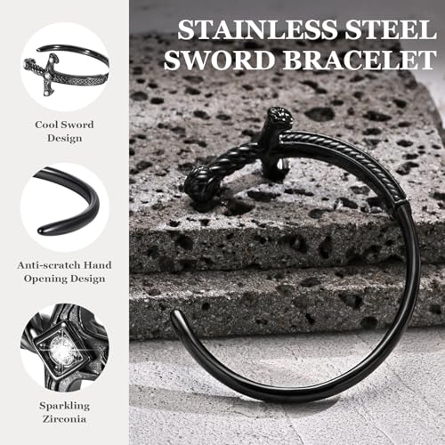 Stainless Steel Mens Cuff Bracelet, Cool Sword Silver/Black/Gold Viking Celtic Knot Cubic Zirconia Open Metal Cuff Bangle Bracelets Jewelry Gifts for Men, 62MM4