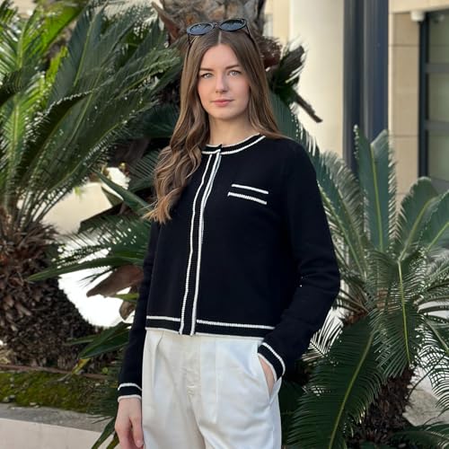 Image of GOELIA Women's Wool Casual Dressy Striped Cardigan Sweaters Crew Neck Button Up Cropped Blazer with Pockets