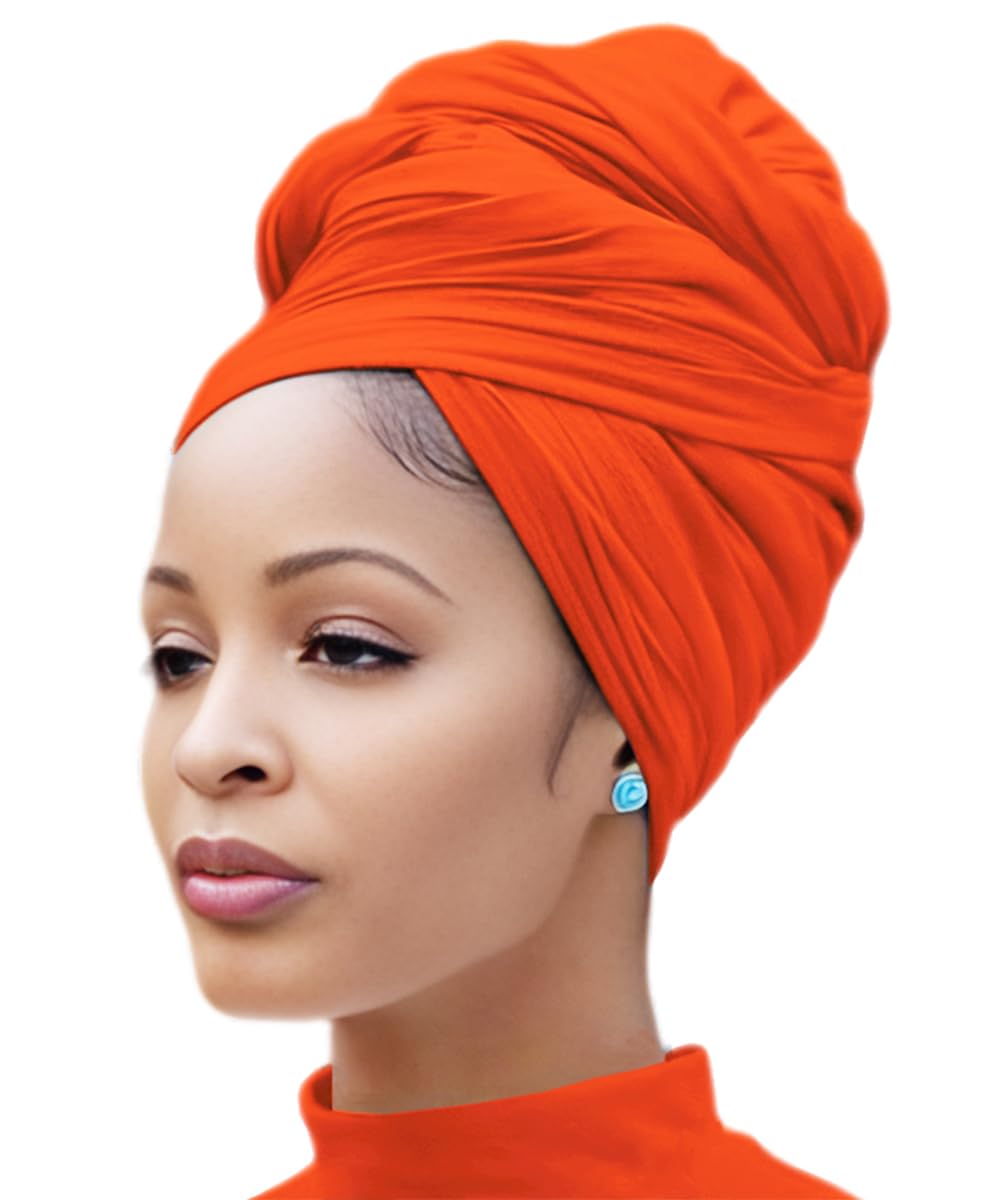 Nonbongoy Head Wraps for Black Women Stretch Headwraps Large Hair Wraps Hijab Scarves for Muslim Head Scarf Turban Headbands, 1-orange Headwrap, 71''x 32''