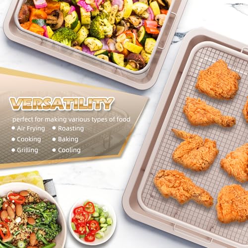 Image of Air Fryer Basket for Oven, OPENICE 2 Set Oven Air Fryer Basket and Tray with 60 Pcs Parchment Papers, Air Fryer Pan Crisper Tray Set for Crisping, Frying - Golden