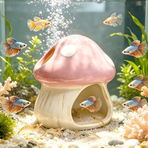 Image of Cute Aquarium Mushroom House Betta Fish Tank Accessory Decor Mini Ceramic Fish Hideout Shrimp Cave Ornament (Pink)