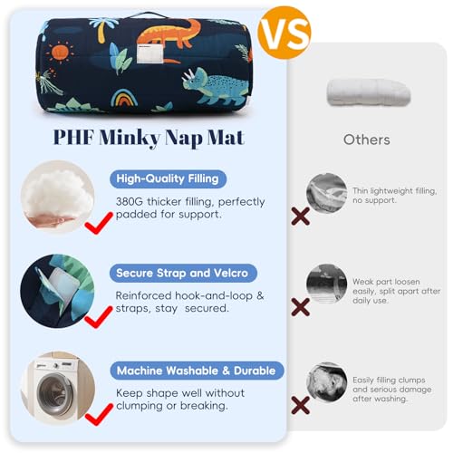 Image of PHF Soft Toddler Nap Mat with Removable Pillow, Rollup Design Kids Sleeping Mat, Slumber Bags for Boys, 55 inchx23 inch Toddler Sleeping Bag for Daycare Preschool Travel Camping, Large Navy Dinosaur