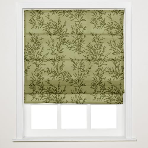 Image of TWOPAGES No Drill Cordless Vintage Leaf Print Roman Shades Linen Textured Roman Blinds for Windows, Custom Made Room Darkening Light Filtering Roman Window Shades, Jade, 1 Piece