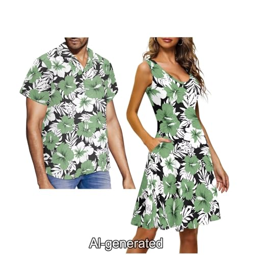 Image of Dreaweet Summer Dresses for Women A-Line Sleeveless Flowy Sun Dresses,Men's Casual Button-Down Shirts,Couple Matching Outfits