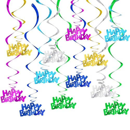 BEISHIDA 12 Pcs Pre-Strung Happy Birthday Hanging Swirl Decorations Colorful Birthday Party Hanging Decor Supplies for Kids Adults