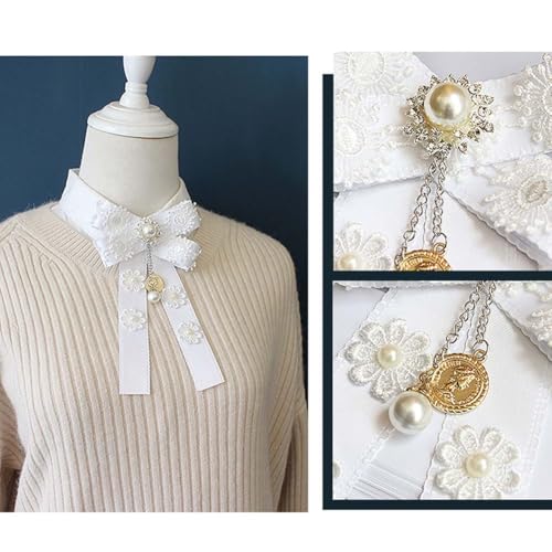 Image of Lace Ribbon Bow Tie Brooch Rhinestone Pearl Necktie for Girl Women Fashion jabot collar brooch pins Pre-Tied Corsage
