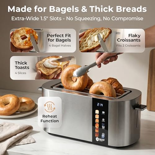 Image of Balter Toaster 4 Slice Wide Slot, Bagel Function, Long Slot, Stainless Steel, Touch Screen, Built-in Rack, Extra-Wide 1.5 inch Slots for Thick Breads & Bagel, Timer, BPA-Free, 6 Levels, Removable Tray