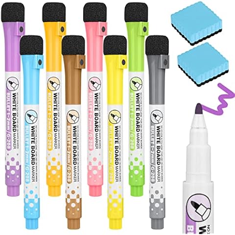 GOTRUST Dry Erase Markers Magnetic, Whiteboard Markers, 8 Color Markers Glass Pens, Washable Markers Liquid Chalk Pens Fine Tip Chalk Pens with 2 Eraser for Chalkboard Window Flipcharts Memo Boards Cover