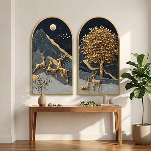 Image of Livin'luxe Set of 2 Golden Deer Wall Painting for Living Room, Moon Mountain Modern Artwork, PVC Golden Frame, Arch Shape Wall Decor for Bedroom, Hall, Office & Gift (30 x 32 Inch) RPNL-02-119