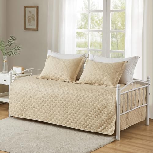 Image of 3 Piece Beige Daybed Cover Twin Size Cozy Daybed Sets Bedding Double Sided Quilting Cover Set Geometric Print Bedspread Coverlet All Season for Twin Bed with 2 Standard Shams,39 inchx75 inch