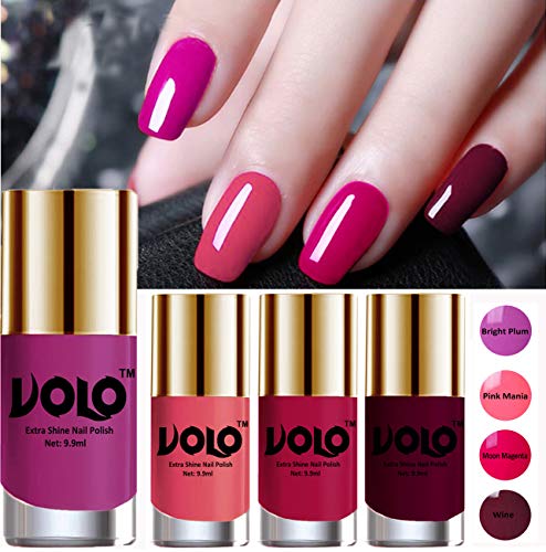 VOLO Hd Colors High-Shine Long Lasting Non Toxic Professional Nail Polish Set Of 4 (Bright Plum, Pink Mania, Moon Magenta & Wine) Glossy Finish, 39.6ml