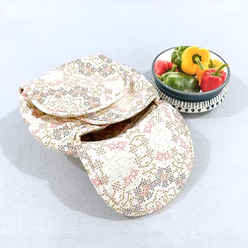 Image of Swayam 100% Cotton Cloth Roti Casserole | Hot Chapati Box | Washable Bread Basket | 22 cm Round Roti Basket | Geometric Design - Beige
