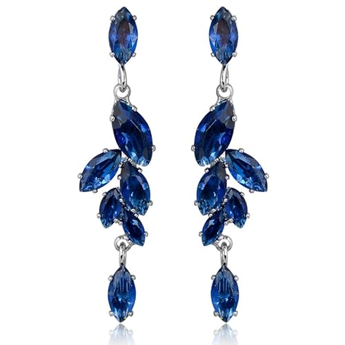 Bridal Earrings for Wedding Blue Marquise Rhinestone Cluster Leaf Linear Drop Dangle Earrings for Bride Bridesmaids Party Prom Women