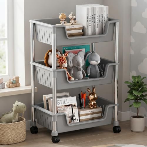 Image of JD FRESH 3-Tier Multi Storage Rack for Home & Kitchen /360-Degree Rotating Wheels with Breathable Kitchen Shelf Storage Rack /Plastic Rolling Cart for Kitchen, Bathroom, Office & Living Room (Grey)