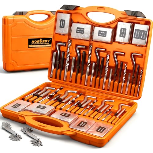HORUSDY 348-Piece Thread Repair Kit Metric & SAE Helicoil Set with HSS Drill Bits Thread Inserts Taps & Installation Tools for Damaged Thread Engine Spark Plug & Automotive Repair