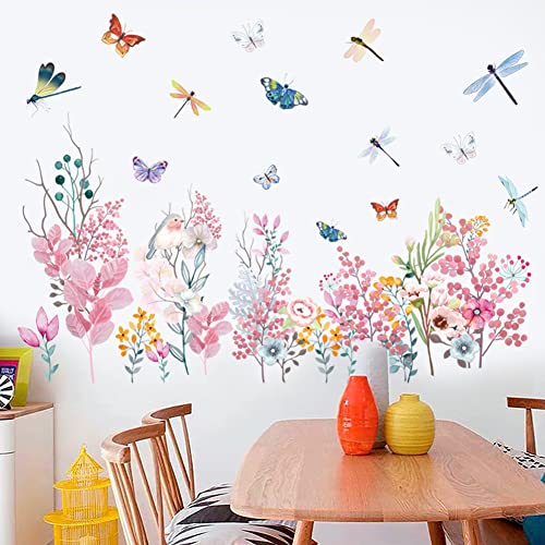 Flowers Wall Stickers Removable Floral Wall Murals Peel And Stick Colorful Flower Wall Decor Vinyl Dragonflies Flowers Butterflies Wall Decals For Girls Bedroom Living Room Nursery Decoration. #TOP4