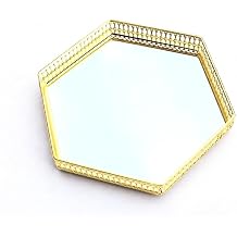 Crystal Mirror Vanity Tray - 9.8" Round Silver Decorative Tray for Dresser, Bathroom, Kitchen Gold - Hexagonal