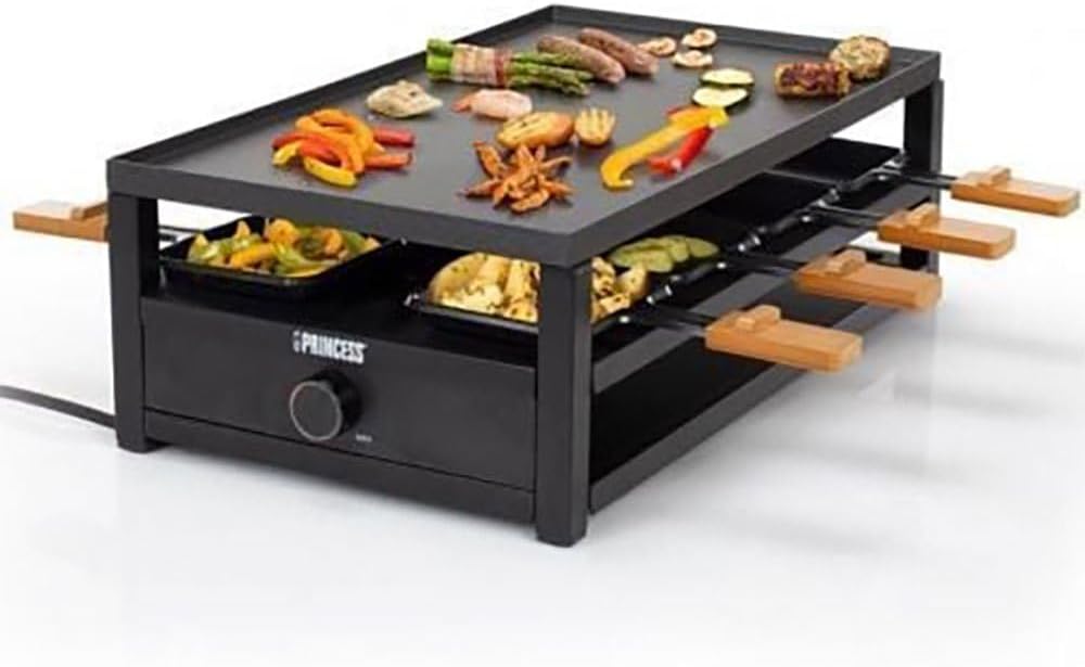 Princess 162655 Black Steel Raclette 8 Person Adjustable Thermostat 1300W, Aluminium