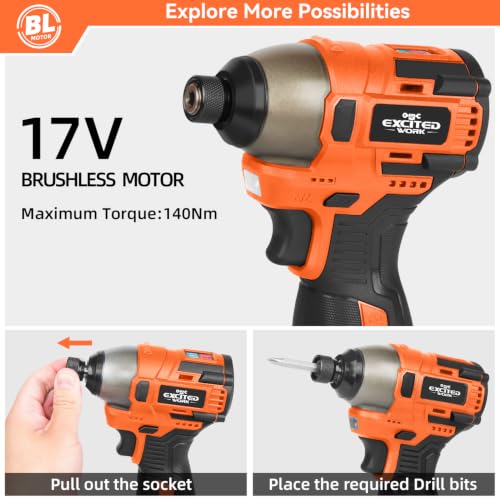 Image of 17V Brushless Screwdriver 140Nm Impact Driver Set | Cordless Screwdriver, 3 Adjustable Speed, 2 Batteries, Led Work Light, Orange, Electric Power Tools