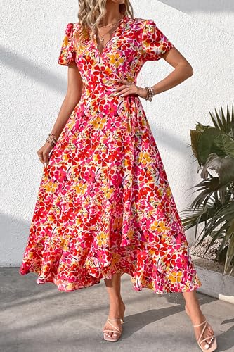 Image of PRETTYGARDEN Women's Summer Wrap Maxi Dress Casual Boho Floral V Neck Short Sleeve Ruffle Hem Split Beach Long Dresses