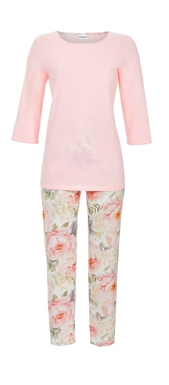 Ringella Damen Schlafanzug mit 3/4-Arm, Zartrosa & 7/8-Hose | Pyjama mit Pfingstrosen-Allover, Single Jersey, 50% Baumwolle/50% Modal, Farbbrillant & pflegeleicht