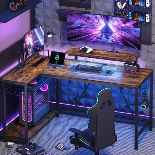 Bestier L-Shaped Corner Desk with Sockets and LED Lighting, Reversible Computer Table with Shelves and Hooks, Compact Desk for Home Office (Wood Grain Brown, 52 inches) - Afbeelding 3