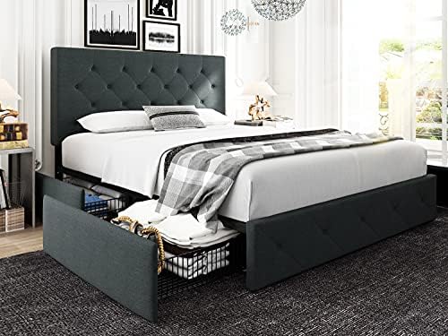 HOOMIC Queen Platform Bed Frame with 4 Drawers and Adjustable Headboard, Diamond Stitched Button Tufted Design, Wood Slats Support, No Box Spring Needed, Dark Grey