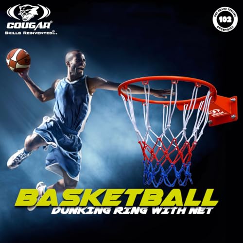 Image of COUGAR Dunking Basketball Ring Pair with Multicolor Net Standard Wall Mounted Basketball Hoop Net 20mm Solid Steel 3 Springs Powder Coated Outdoor Goal Sports Play Ring