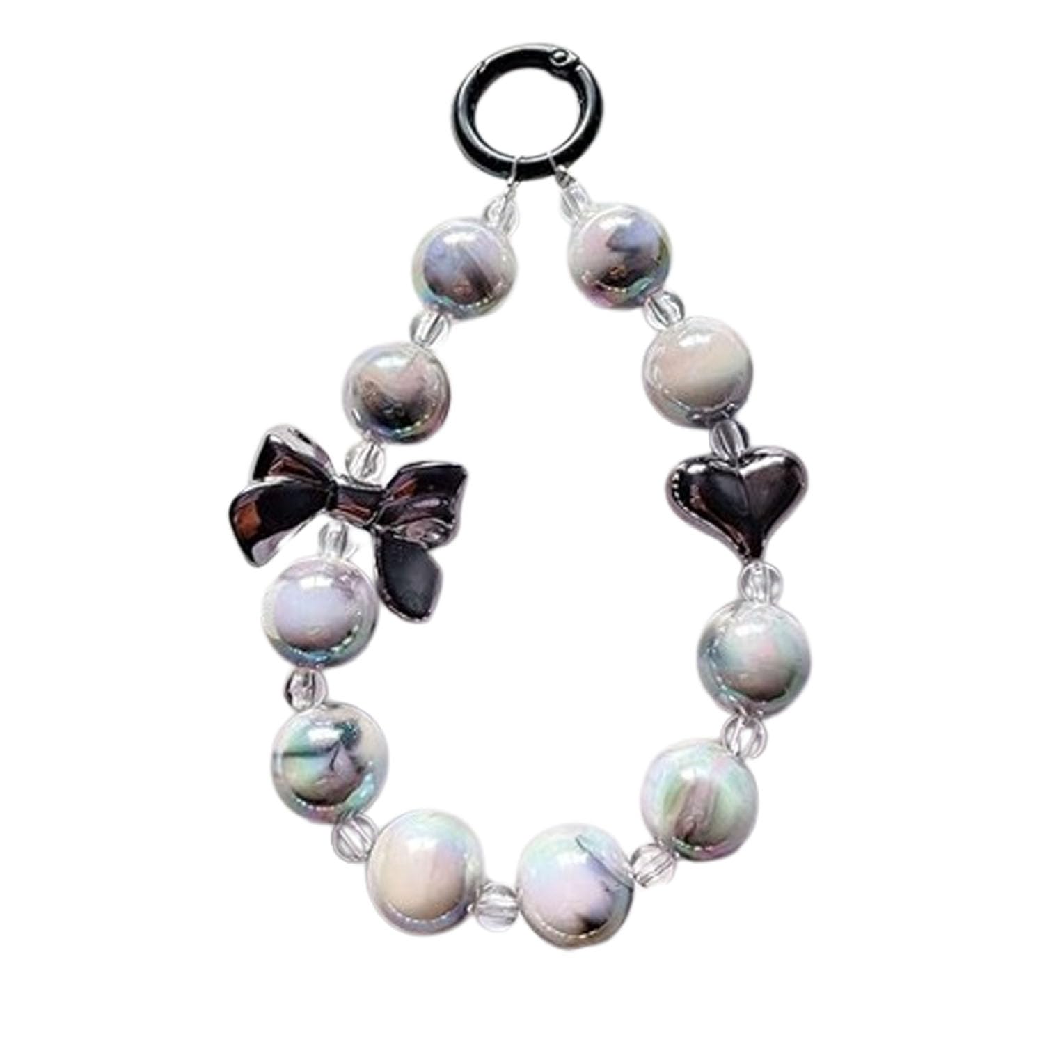 KC Keychain Phone Wrist Strap Pearl Beaded Mobile Phone Charm Hanging Bracelet Heart Bow Lanyard for Phone, Purse, Camera, Bags, Case Cover For Girls Women Black-image-45
