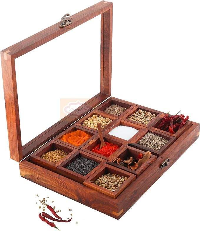 Wooden Spice Box with Glass Lid, 12 Compartment Organizer, 10x8 Inch Storage Container
