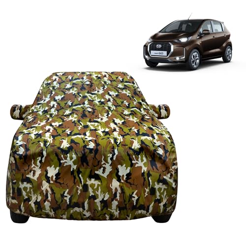 Image of VYAS 100% Waterproof Car Body Cover for Datsun Redi Go (2016-2020) with Mirror Pocket Triple Stitched Belt & Buckle Fitting Dual Elastic, Durable Material Jungle Print Camouflage Design