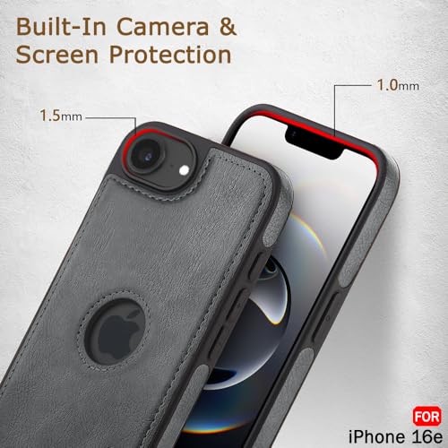 Image of TheGiftKart Genuine Leather Finish Back Cover Case for iPhone 16e | Shockproof Design | Raised Edges for Camera & Screen Protection | Stunning Minimalist Design Case Cover (Black Sides, Grey)