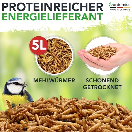 Gardemics Mehlwürmer getrocknet 5 Liter - 800g - Premium Insektenfutter für Vögel, Fische, Schildkröten, Nager, Igel, Reptilien, Vogelfutter Mehlwürmer getrocknet