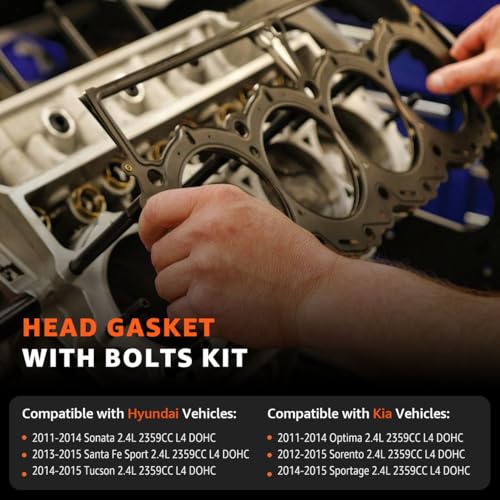 Image of Cylinder Head Gasket Set w /Bolts fit for 2011-2015 Hyundai Sonata Tucson Kia Optima Sorento Santa Fe Sport 2.4L G4KJ 2359CC L4 DOHC HS54741B CS26333-1 ES72465-1
