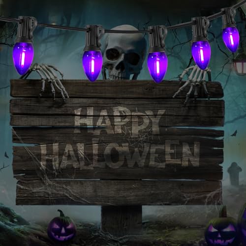 Image of 10FT C7 Purple LED String Lights, Black Wire Outdoor Halloween | IP44 Waterproof & Shatterproof, End-to-End Connectable, Perfect for Patio, Porch, Railing, Party or Holiday Decor