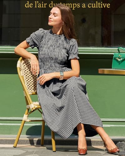 Image of RIHOAS Plaid Gingham Midi Dress Short Sleeve Smocked Dresses for Women | Cotton,Ruffle Puff Sleeves,Vintage Brown,Spring Summer Casual Daily,Picnic,Travel,Vacation,Christmas Festive Occasions