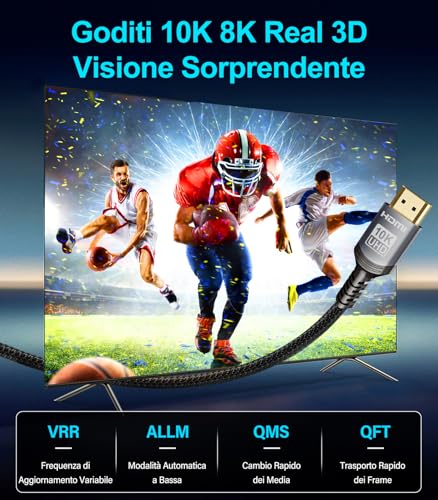 Sniokco 10K 8K 4K Cavo Hdmi 2.1 48Gbps 1 Metri, Certificato Ultra Alta Velocità Cavi Hdmi® 0.01Ms 4K 240Hz 165Hz 120Hz 8K 60Hz Earc Netflix Hdcp 2.3 2.2 Dts:X HDR10+ Tv Monitor Proiettore - 5