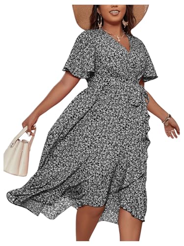 Image of Floerns Women's Plus Size Boho Flutter Short Sleeve Ruffle Hem A Line Midi Dress