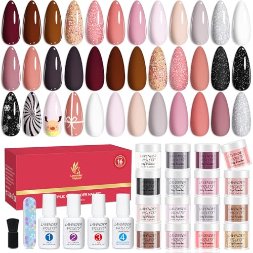 Lavender Violets 22 Pcs Dip Powder Nail Kit Starter - 16 Colors Nude Pinkish Brown Skin Tone with...