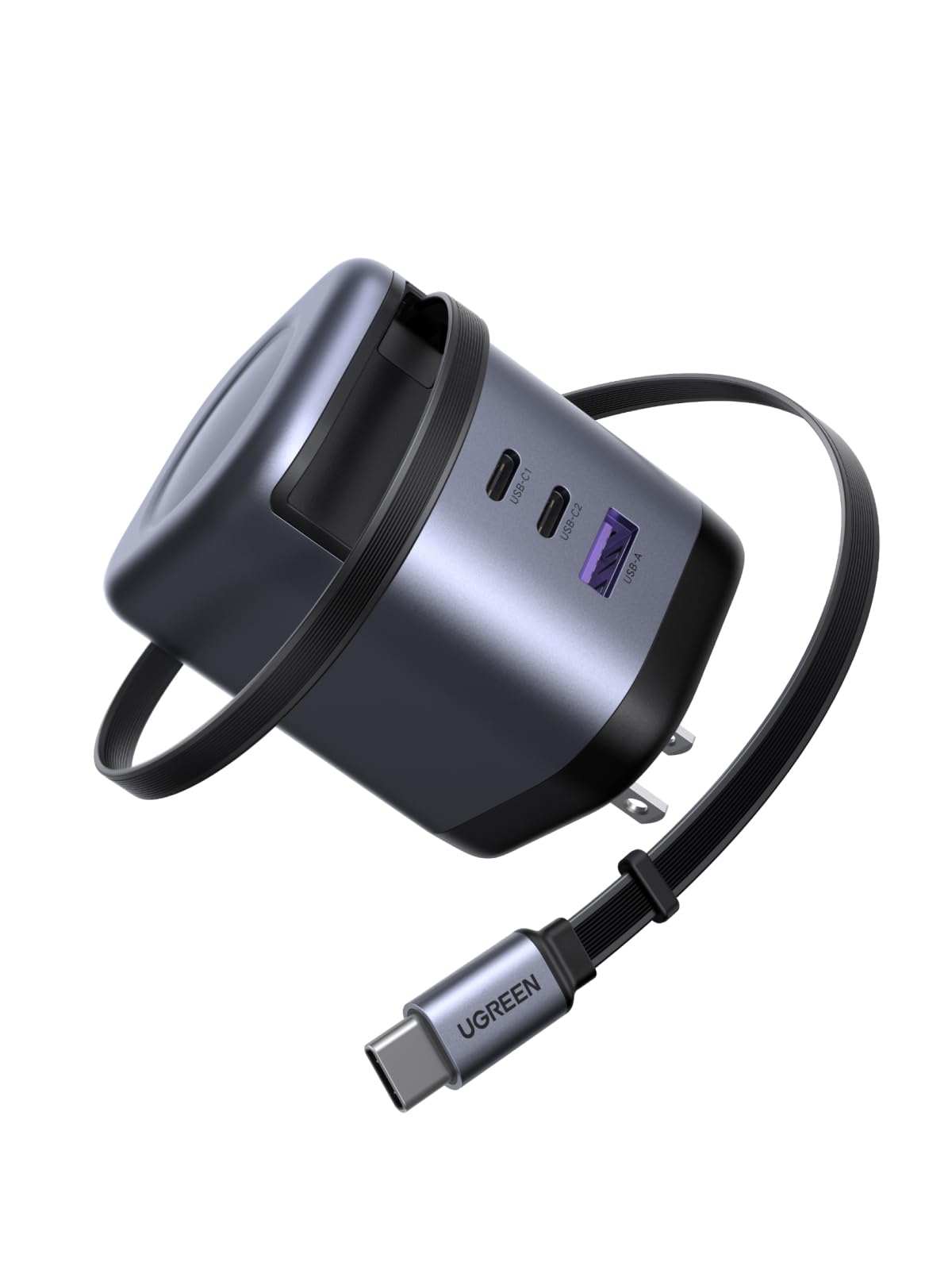 UGREEN Nexode 100W GaN USB C Retractable Charger with Built-in Cable, 3-Port Fast Charging Wall Adapter for Laptop, MacBook Pro/Air, iPhone 17/16, Galaxy S25, Pixel, iPad, MatePad, DJI Drone