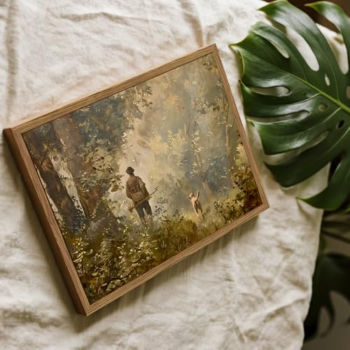 Image of Vintage Hunting Wall Art Cottagecore Country Wall Decor Picture Moody Forest Landscape Poster Painting Canvas Prints for Bedroom Living Room Farmhouse 8x10 inch Wood Framed