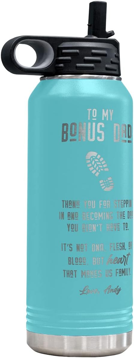 PlaqueMaker Personalized Bonus/Step Dad Water Bottle - Includes a Special Thank you Message to Your Bonus Name and You and Your Siblings Names (Teal)