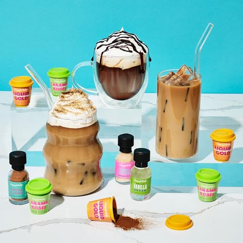 Image of Thoughtfully, Iced Coffee Barista Bar Gift Set, Includes Instant Coffee, Flavored Syrups, Cocoa Powder & Cinnamon Sugar, DIY Coffee Station Sampler Gift for Coffee Lovers